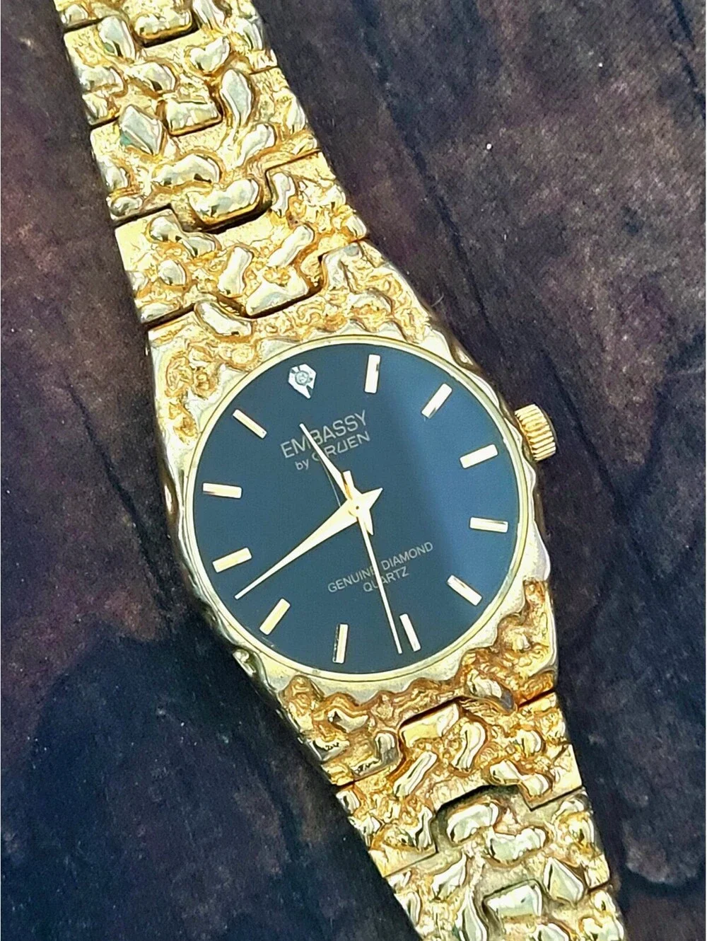 80s Vintage Retro Mens Gruen Real Diamond Gold Nugget Watch